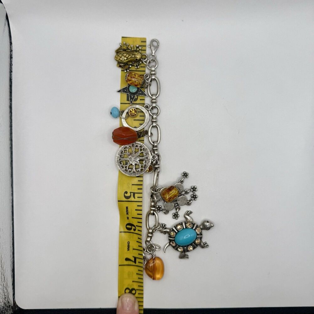 Vintage 925 Sterling Silver Mixed Charm Bracelet Turquoise Amber Frog Turtle 70g - Picture 12 of 14